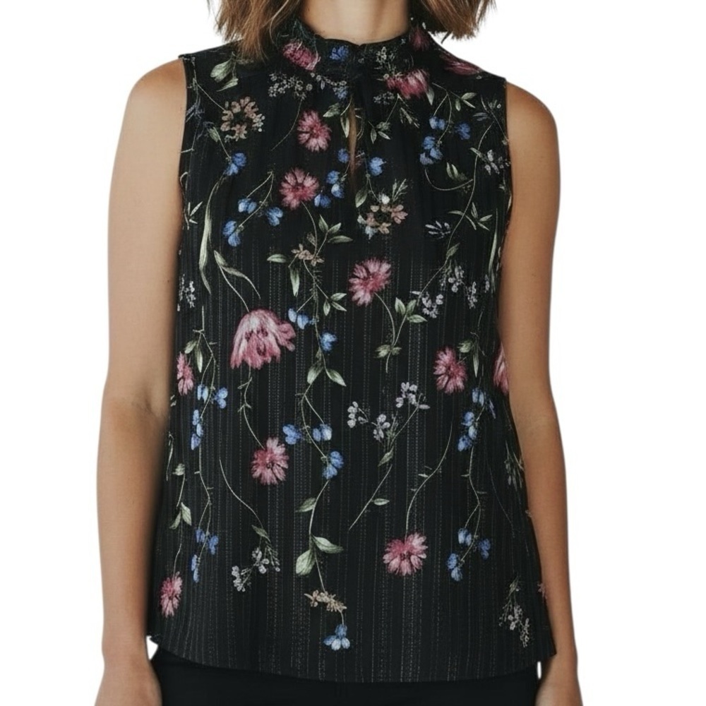 WHITE HOUSE BLACK MARKET Floral Keyhole Front & Back Shimmer Blouse Size Medium